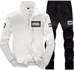 Men's Casual Slim Fit Tracksuit Long Sleeve Jogging Athletic Jacket Suits Set (Color: WHITE-L)