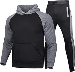 Men's Athletic Sweatshirt Tracksuit Pullover Hoodie Jogging Pants 2 Pieces Set (Color: BLACK-S)