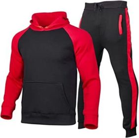 Men's Athletic Sweatshirt Tracksuit Pullover Hoodie Jogging Pants 2 Pieces Set (Color: RED-L)