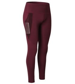 High Waist Out Pocket Yoga Pants Tummy Control Workout Running Yoga Leggings (Color: Dark Red)