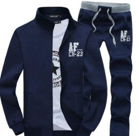 Men's Casual Tracksuit Long Sleeve Running Jogging Athletic Sports Set (Color: Navy)