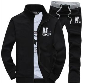 Men's Casual Tracksuit Long Sleeve Running Jogging Athletic Sports Set (Color: Black)