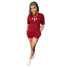 L285247-1 Women Fitness Clothing Fashion Summer Short-sleeve Alphabet Sports Suit (Color: Red)