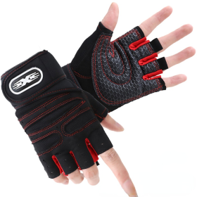 Gym Gloves Fitness Weight Lifting Gloves Body Building Training Sports Exercise Cycling Sport Workout Glove for Men Women M/L/XL (Color: Black Red)