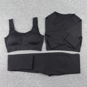 Hollowing Out Seamless Activewear Gym Wear One Shoulder Women Yoga Sets Fitness 3PCS Workout Clothes Sport Suit (black: L)